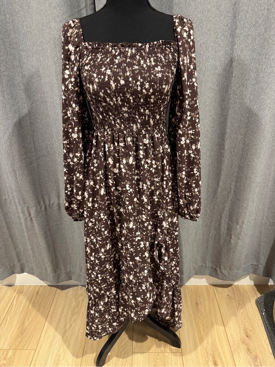 Francesca's Collections Dresses & Skirts - High-Low Smocked Square-Neck Long Sleeve Floral Dress - Brown -Size Small
